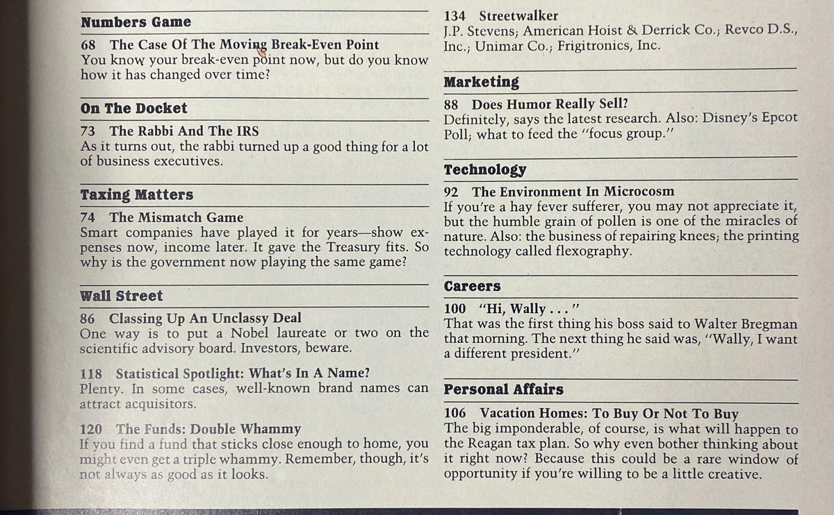 Editorial page from Forbes Magazine August 12, 1985 presenting various topics such as taxation, Wall Street, and marketing insights relevant to the economic context of the time.