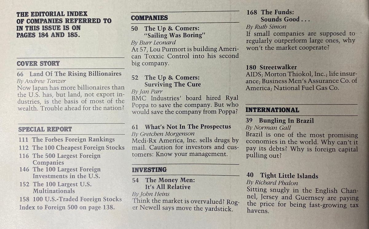 Index page of Forbes Magazine July 27, 1987, displaying the editorial index and contents, emphasizing the cover story 'Land of the Rising Billionaires' and various articles related to companies, investing, and international matters.