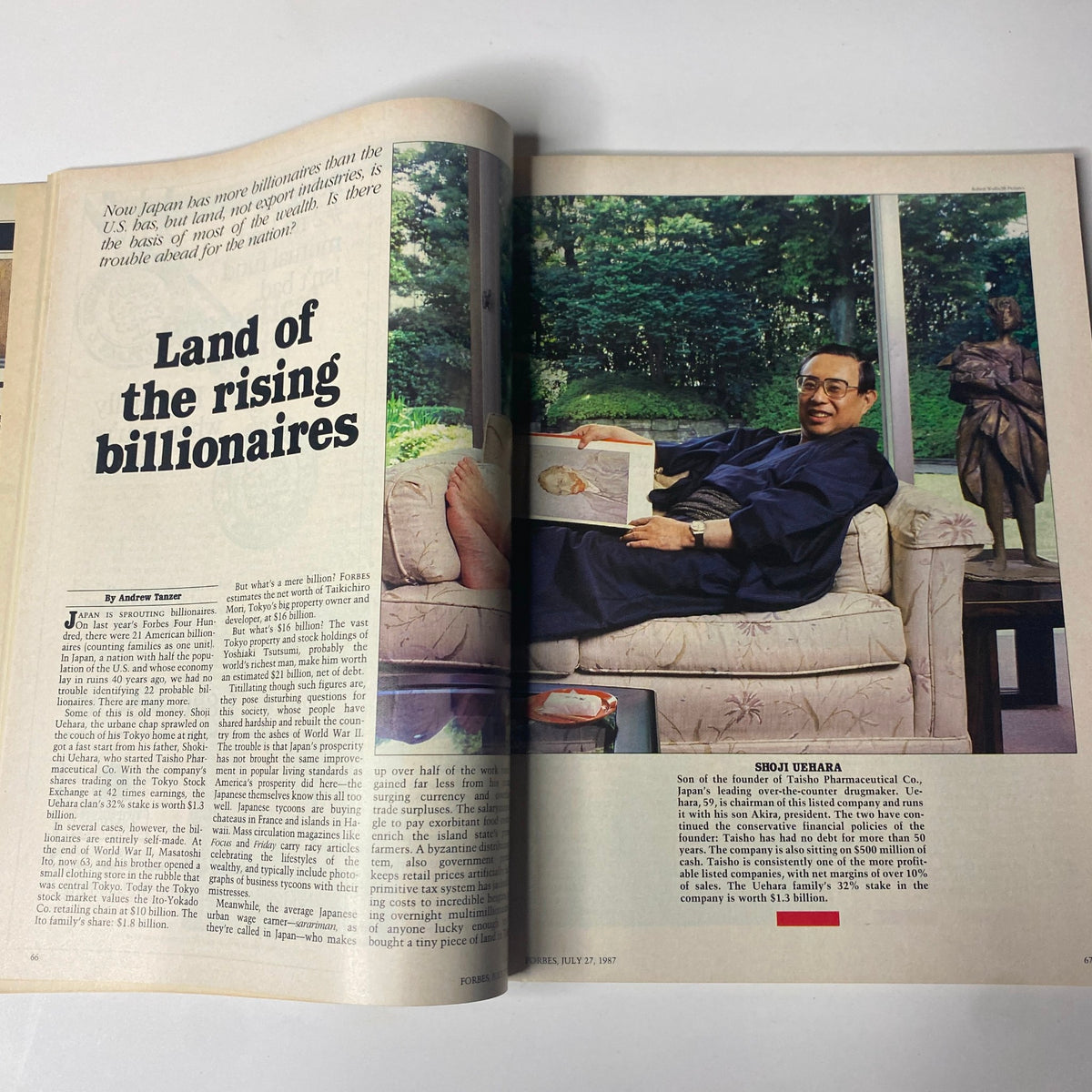 Opening page of the feature article 'Land of the Rising Billionaires' in Forbes Magazine July 27, 1987, showcasing a prominent Japanese billionaire, Shoji Uehara, highlighting Japan's wealth and economic situation.