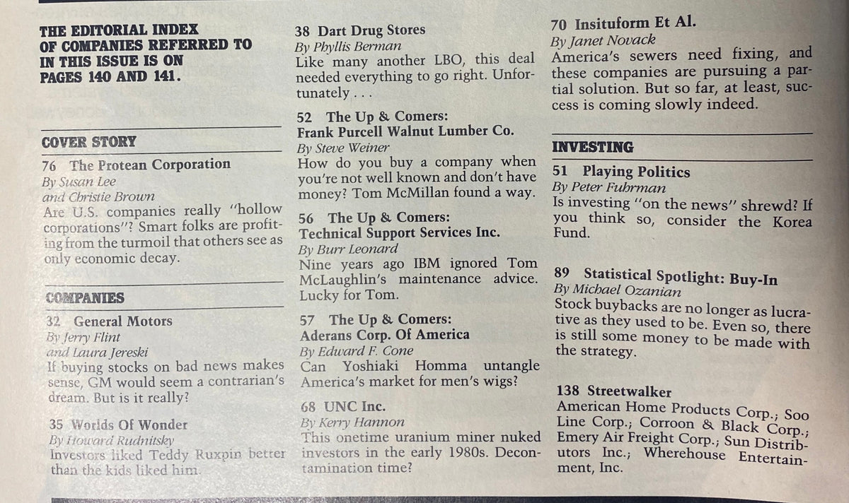 Editorial index from Forbes Magazine August 24, 1987, featuring listings of companies and articles, including the cover story 'The Protean Corporation'.