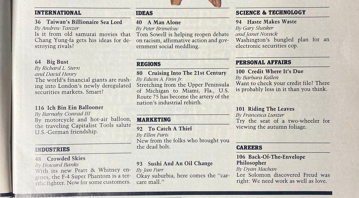 International section of Forbes Magazine August 24, 1987, discussing prominent financial trends, including the article 'Big Bust' featuring insights on London’s securities markets.