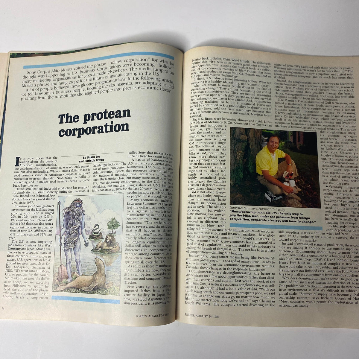 Marketing section from Forbes Magazine August 24, 1987, showcasing articles on market strategies, including 'To Catch A Thief' and 'Sushi And An Oil Change'.
