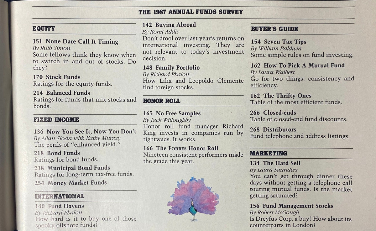 Page from Forbes Magazine September 7, 1987, displaying the 1987 Annual Funds Survey with insights into equity funds, fixed income, and international investments.