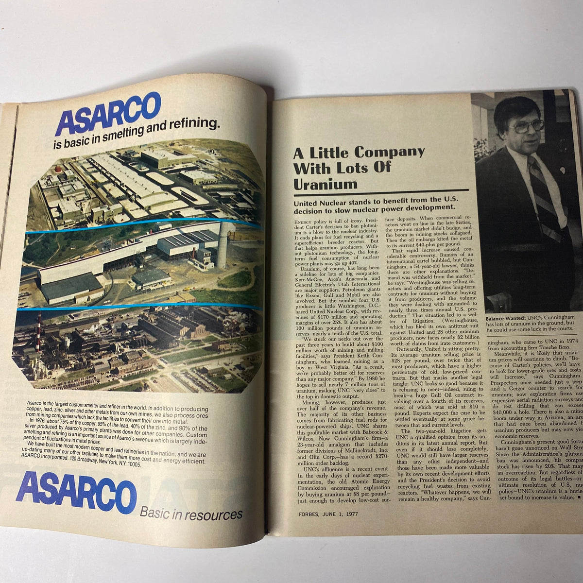 Inside page of Forbes Magazine, June 1, 1977, showcasing an article on United Nuclear's uranium business, with an image of an ASARCO facility.