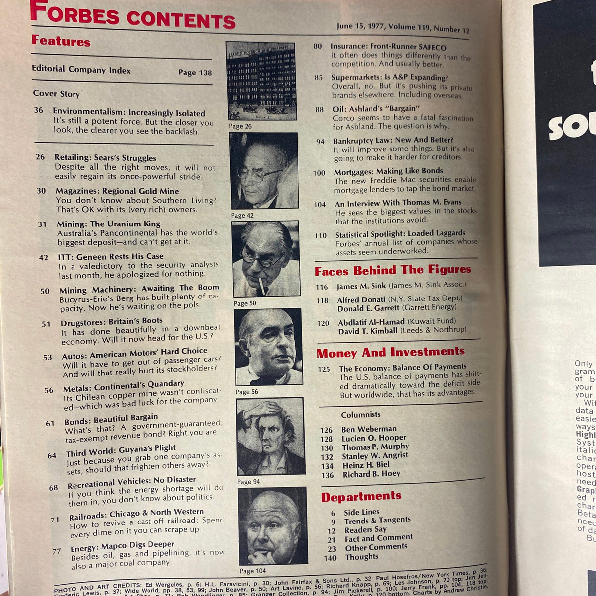 Contents page of Forbes Magazine June 15, 1977 listing feature articles including 'Environmentalism: Increasingly Isolated' and various industry insights.