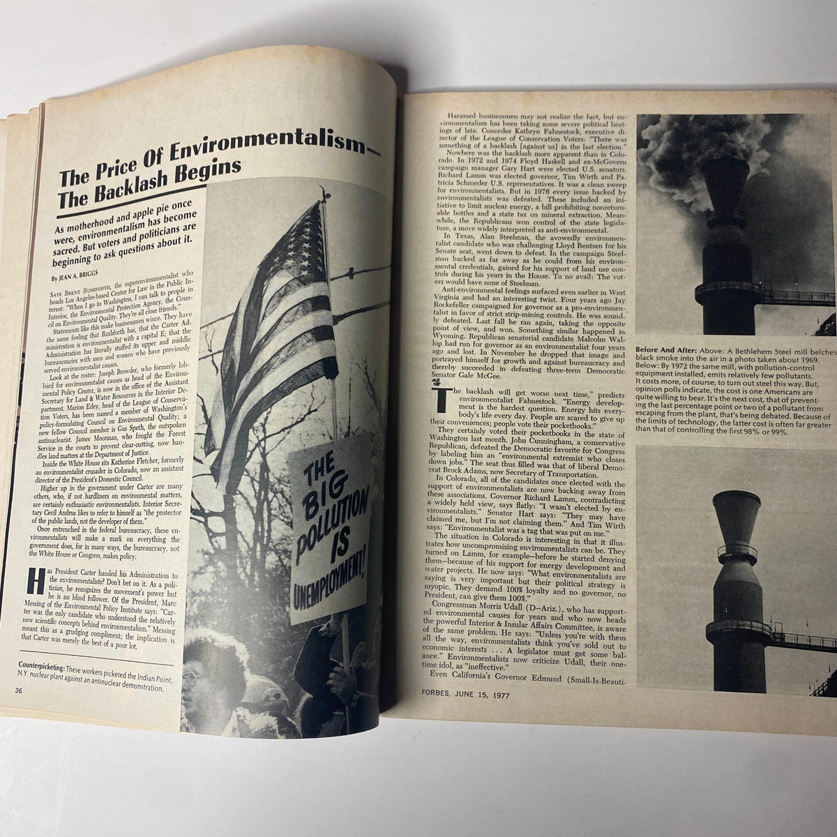 An article spread from Forbes Magazine June 15, 1977 discussing the backlash against environmentalism during that era with a historical context and images.
