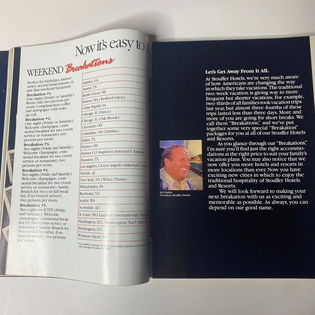 Image from Forbes Magazine 1987 edition, featuring the Weekend Breakations segment discussing vacation packages and offerings from Stouffer Hotels. This page highlights travel options and includes notes about Bill Huset, President of Stouffer Hotels.