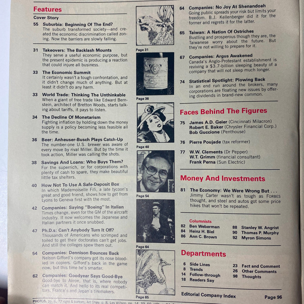 Contents page of Forbes Magazine August 7, 1978 highlighting the cover story and various articles including features on suburbia and economic trends.