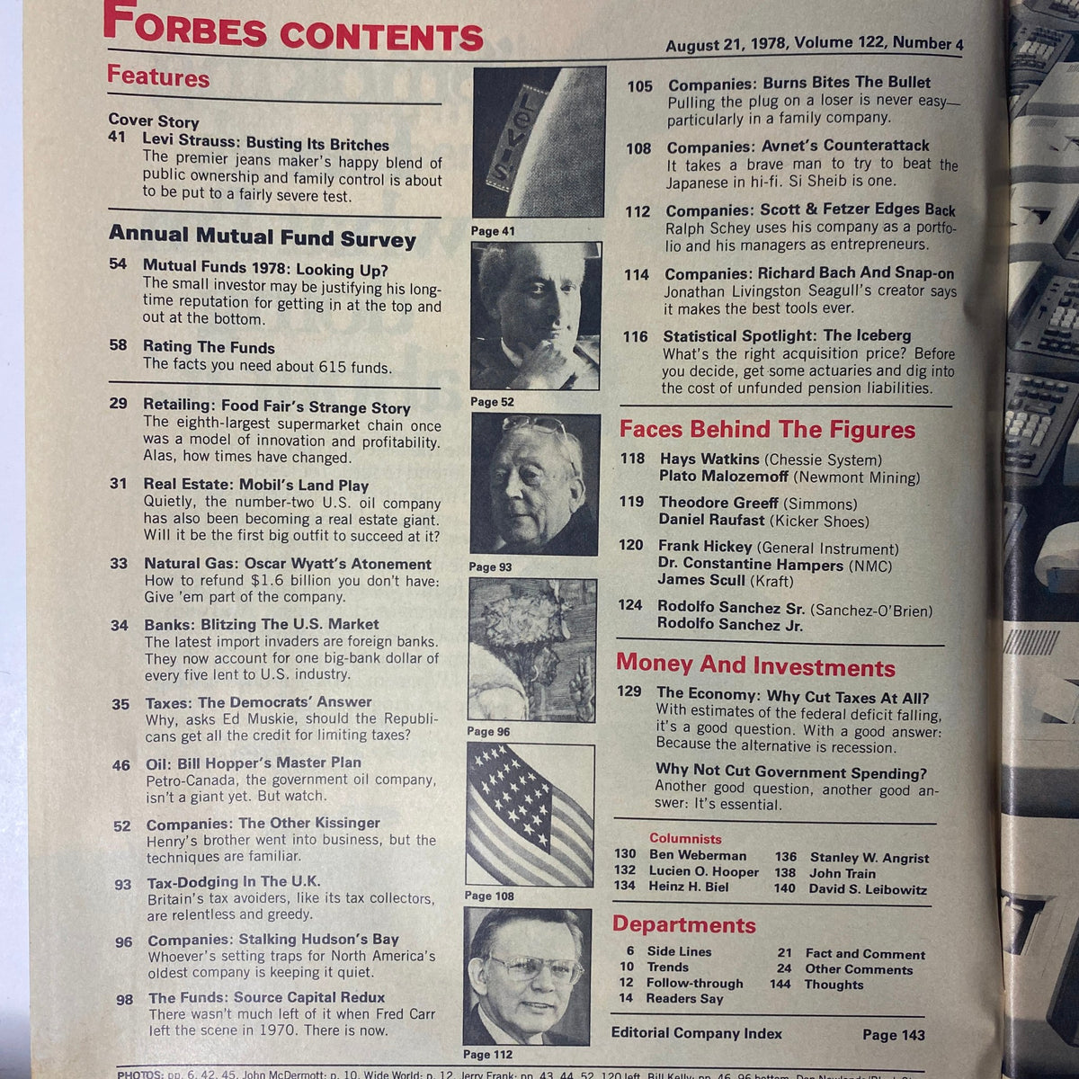 Contents page of Forbes Magazine August 21, 1978, highlighting features including 'Levi Strauss: Busting Out Their Britches' and the 'Annual Mutual Fund Survey', detailing investment opportunities and corporate stories.