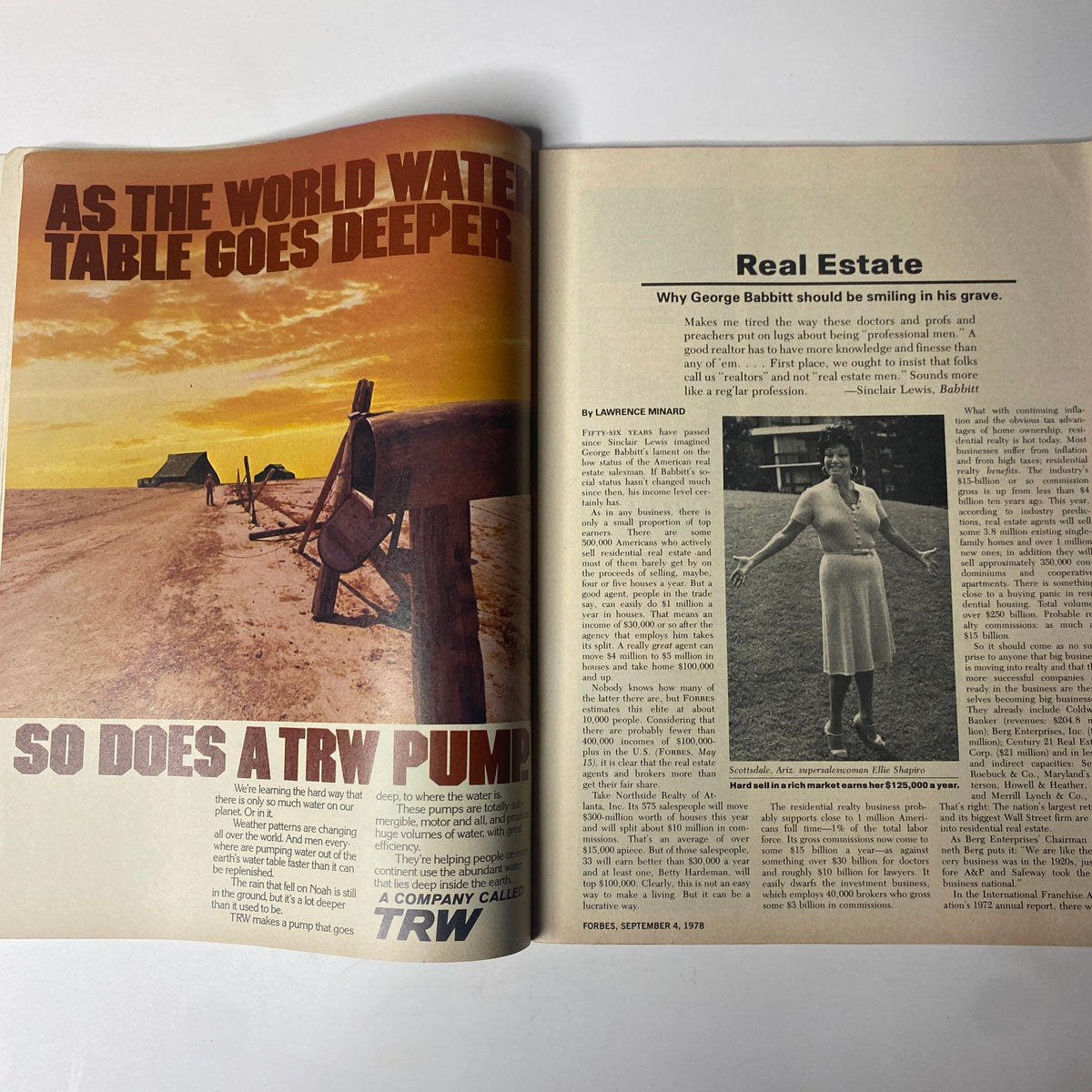 Interior pages of Forbes Magazine dated September 4, 1978, featuring the cover story titled 'Real Estate: A Reg'lar Profession' with insights into real estate markets.