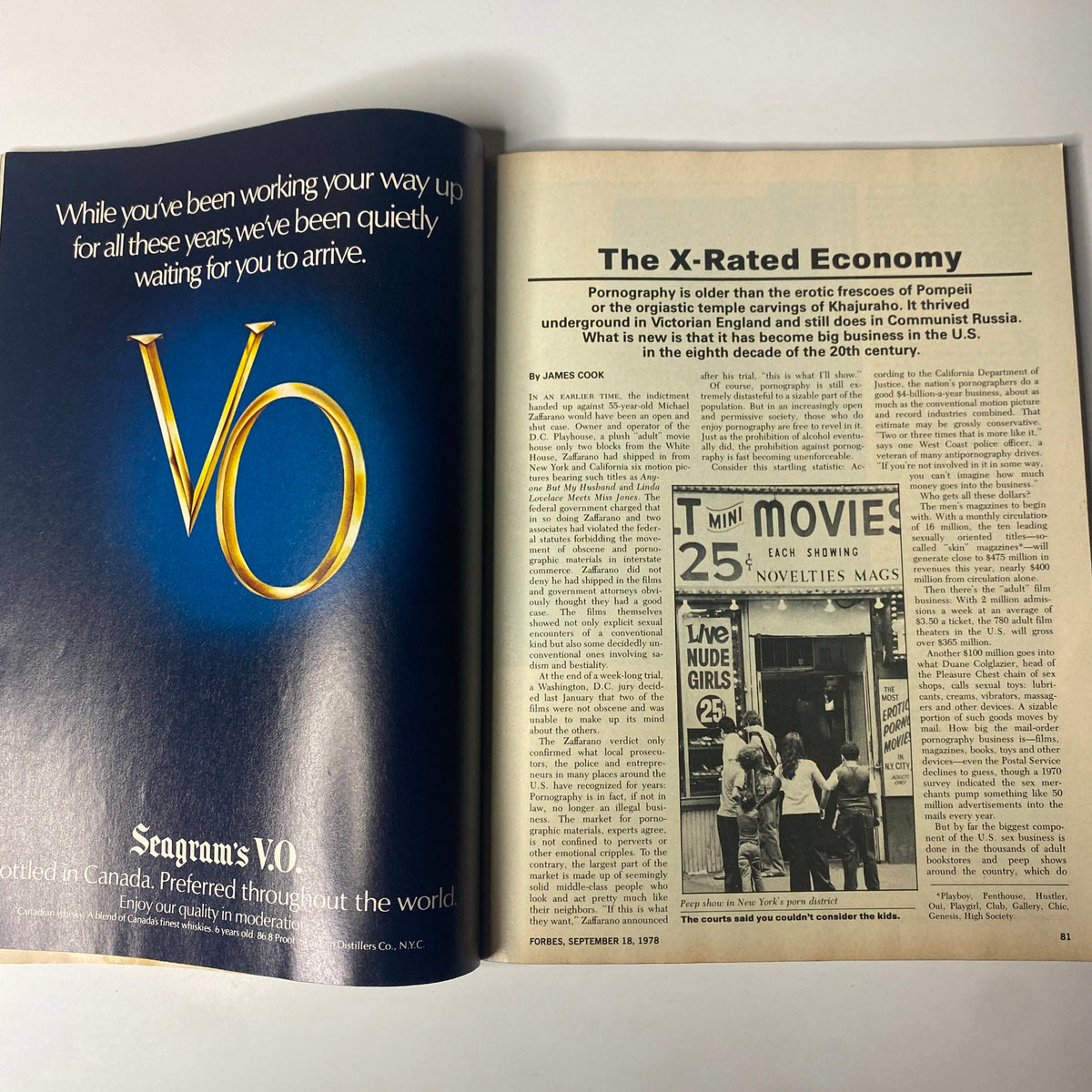 Page from Forbes Magazine September 18, 1978, featuring the article 'The X-Rated Economy,' discussing the evolution of pornography and its economic impacts in the late 20th century.