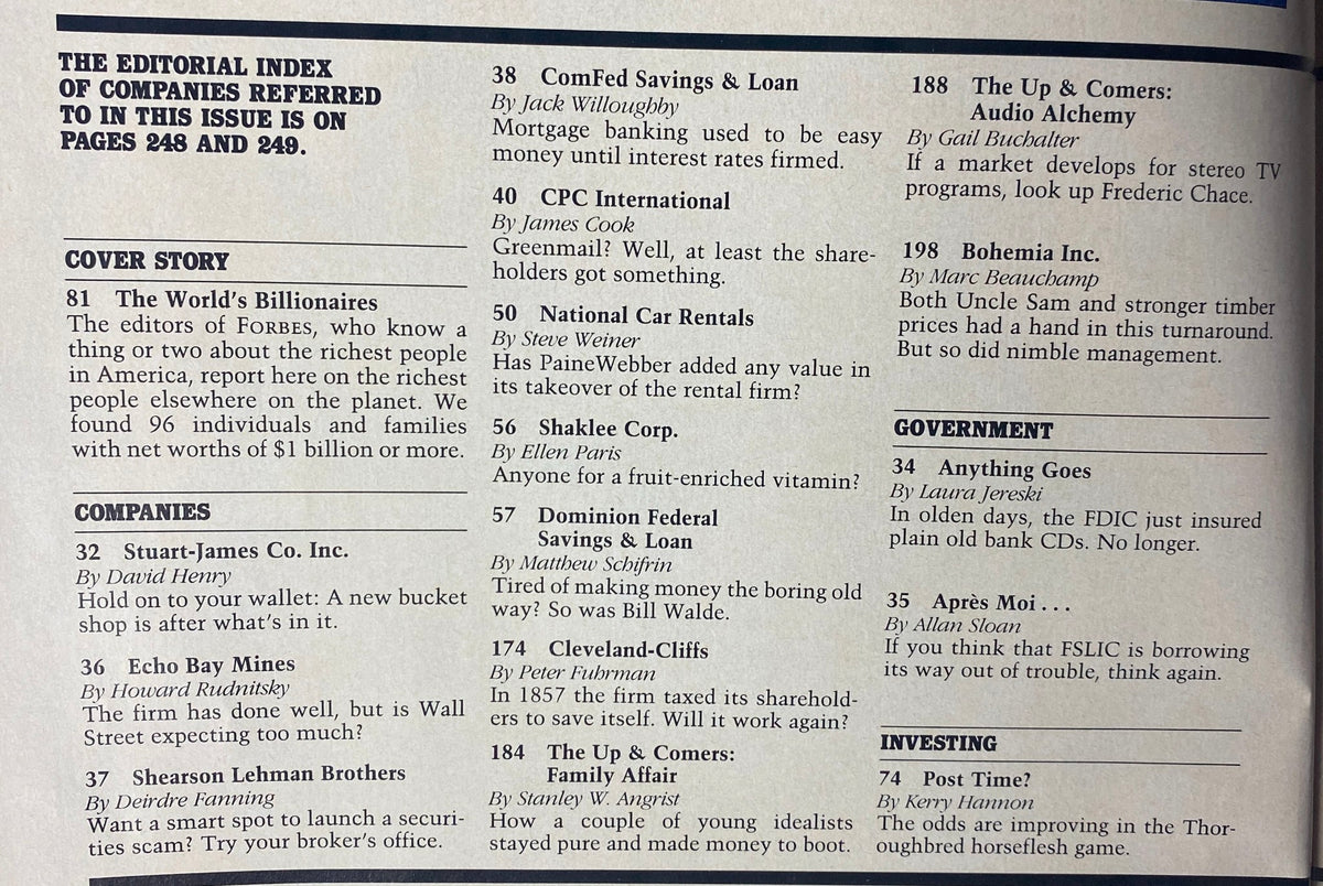 Table of contents page from Forbes Magazine, October 5, 1987, highlighting sections including 'The World's Billionaires' and various company articles.