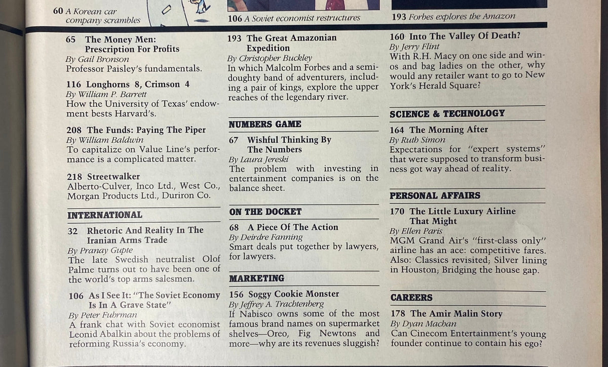 Contents page from Forbes Magazine October 19, 1987, outlining various topics and articles, highlighting McKinsey & Co. and other business insights.