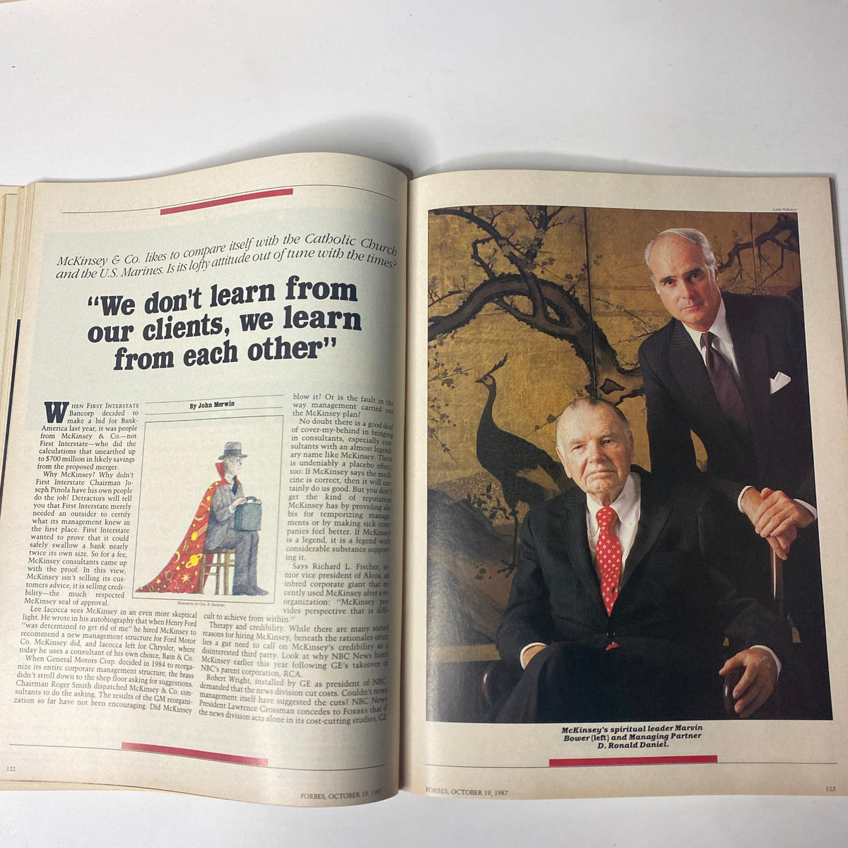 Forbes Magazine October 19, 1987 featuring McKinsey & Co. article titled 'We don't learn from our clients, we learn from each other.' The image shows key figures in the article, highlighting their influence on corporate consulting.