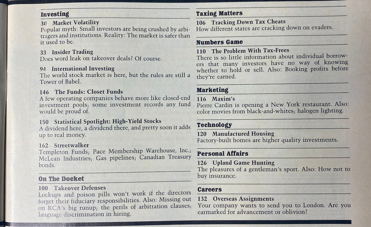 Page of Forbes Magazine February 10, 1986 displaying various industry-related articles, including investing strategies and marketing insights. It emphasizes the diverse topics covered in the issue alongside 'The Greeting Card Business'.