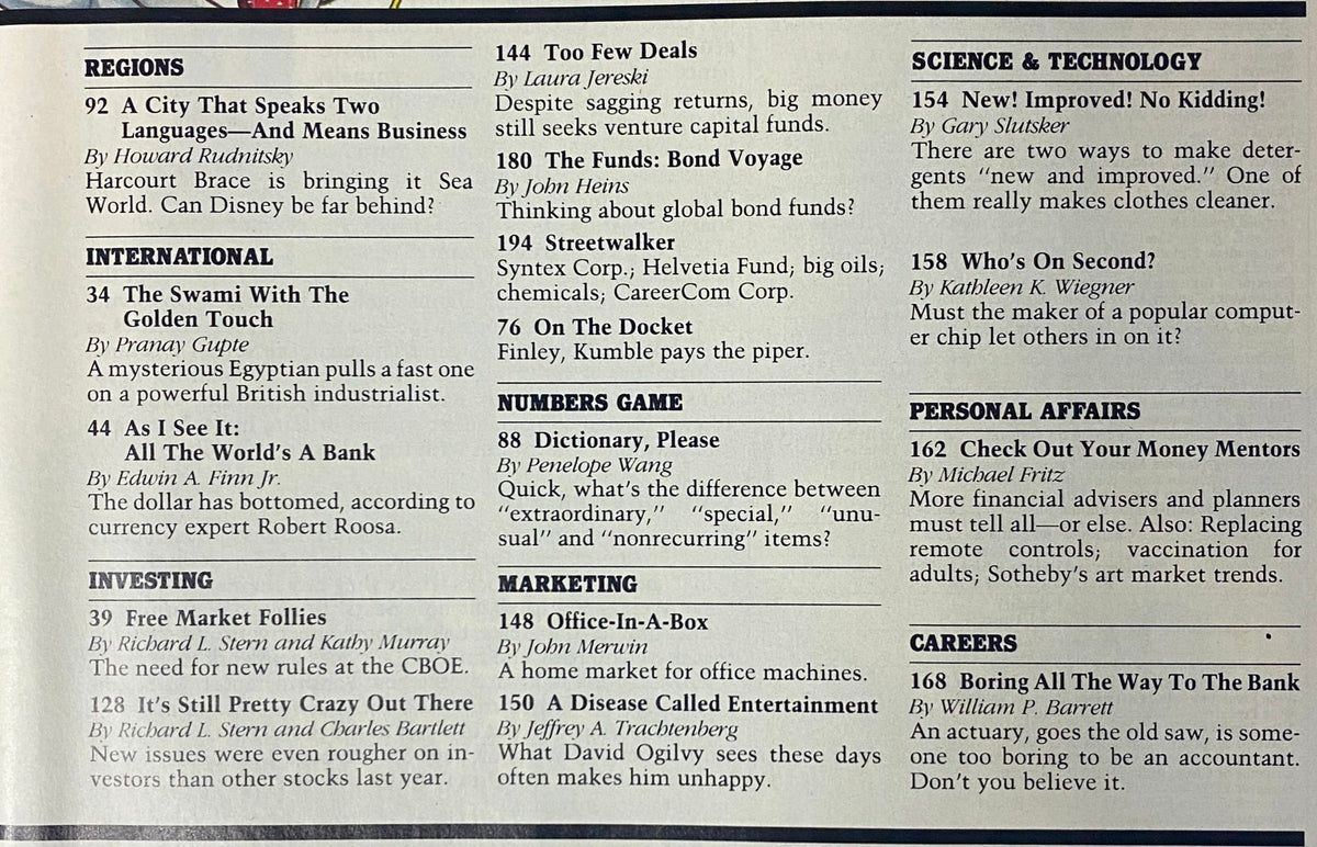 Table of contents from Forbes Magazine March 7, 1988, showcasing various articles, including 'A City That Speaks Two Languages—And Means Business' and topics related to finance and investing.