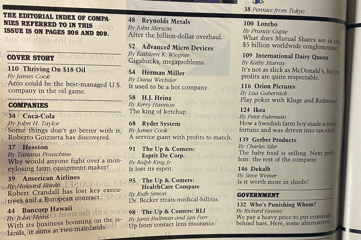 Editorial index of companies from Forbes Magazine March 21, 1988, listing articles including cover story 'Thriving On $18 Oil' about Atlantic Richfield's Lodwrick Cook.