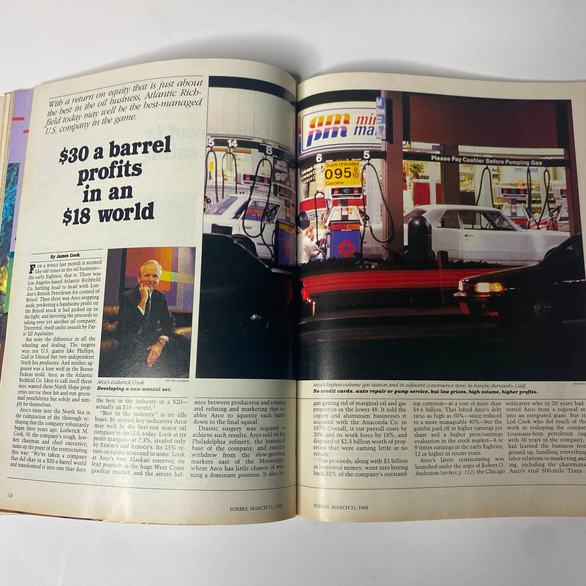 An article spread from Forbes Magazine March 21, 1988 discussing Atlantic Richfield's Lodwrick Cook, exploring profits in an $18 oil world with images of a gas station.
