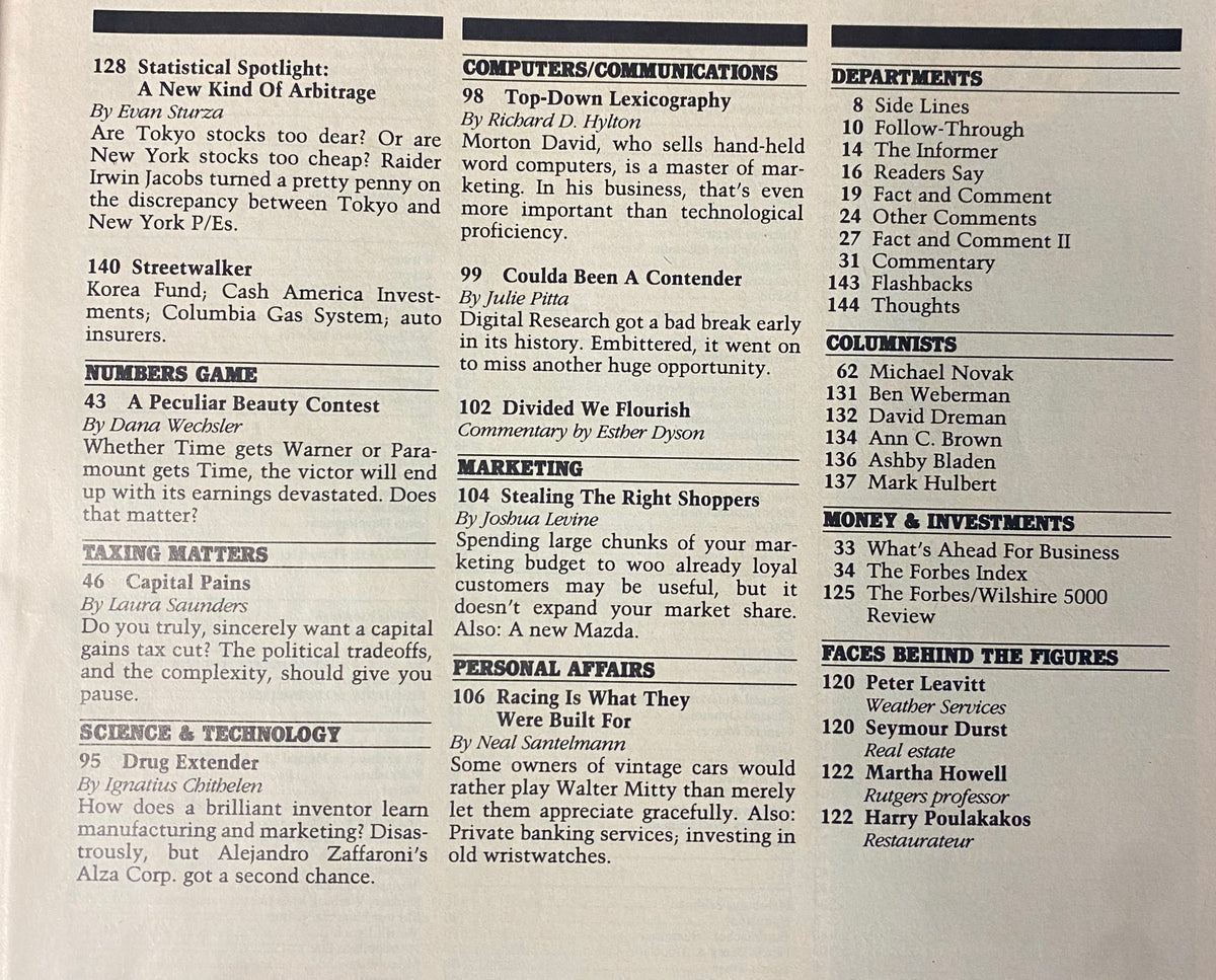 Page from Forbes Magazine July 10, 1989, presenting various articles and topics, encompassing corporate strategies and market dynamics relevant to the era.