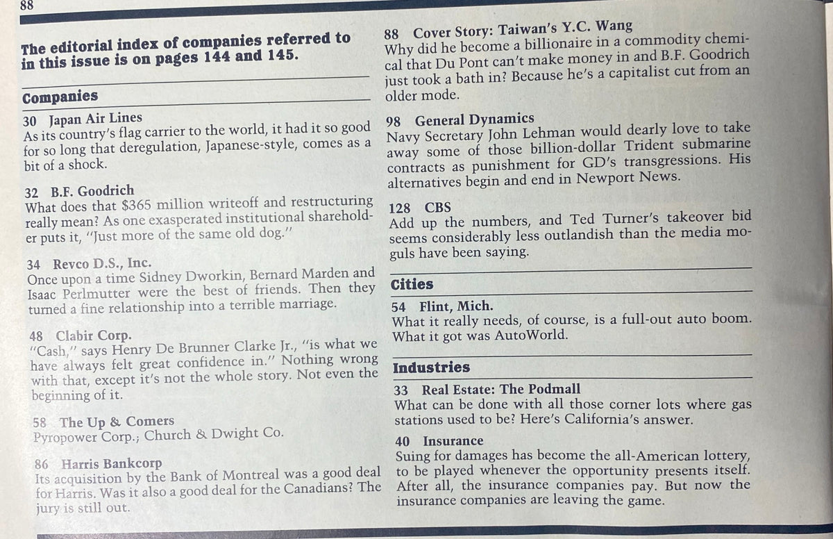 Index page of Forbes Magazine, July 15, 1985, showcasing companies featured in the issue including Japan Air Lines and B.F. Goodrich.