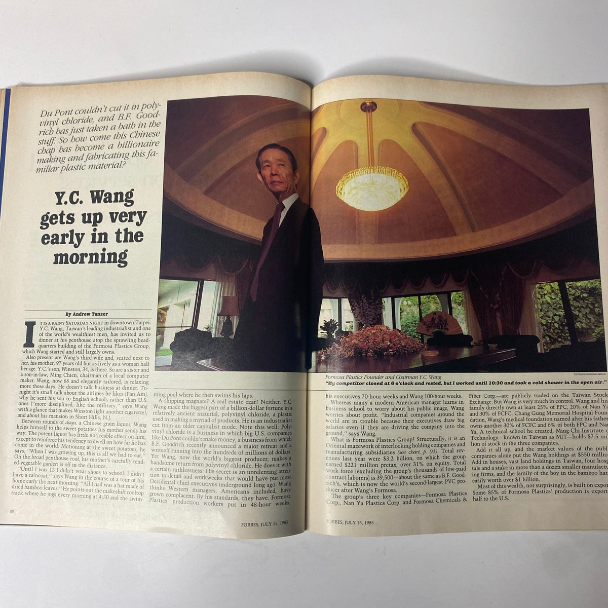 Inside spread of Forbes Magazine, July 15, 1985, detailing the life and business strategies of Taiwanese billionaire Y.C. Wang.
