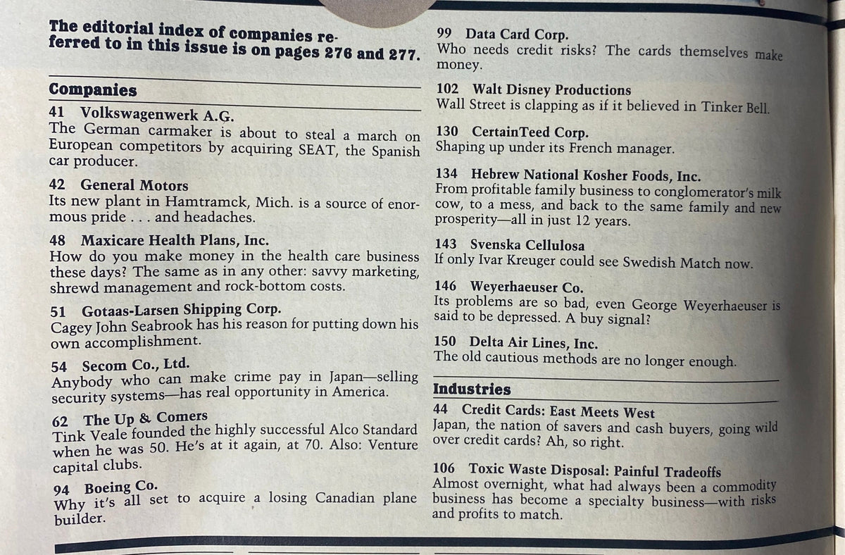 Editorial index page from Forbes Magazine December 2, 1985, highlighting featured companies like Volkswagenwerk A.G. and Walt Disney Productions.