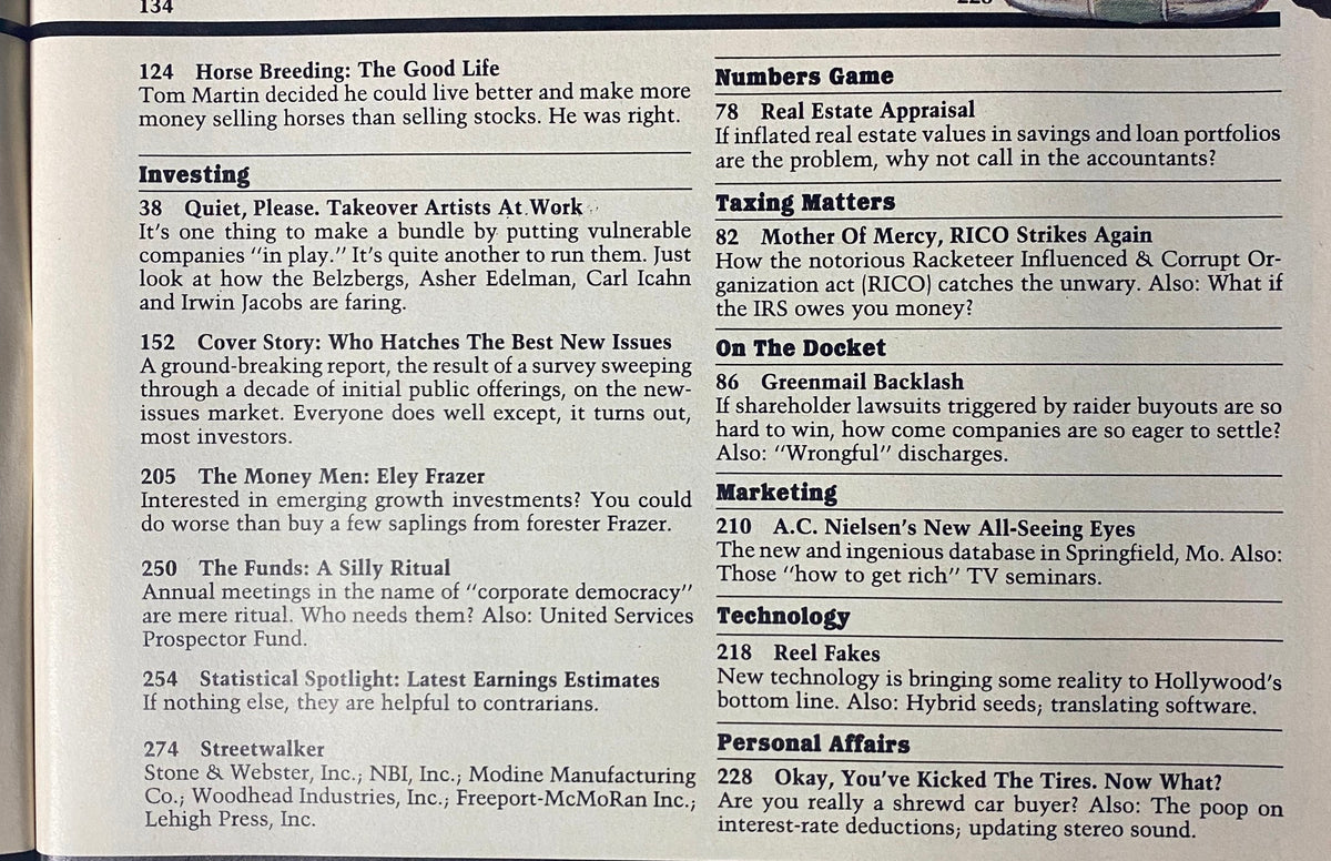 Investing section of Forbes Magazine December 2, 1985, focusing on the changing landscape of corporate takeovers and investment strategies.