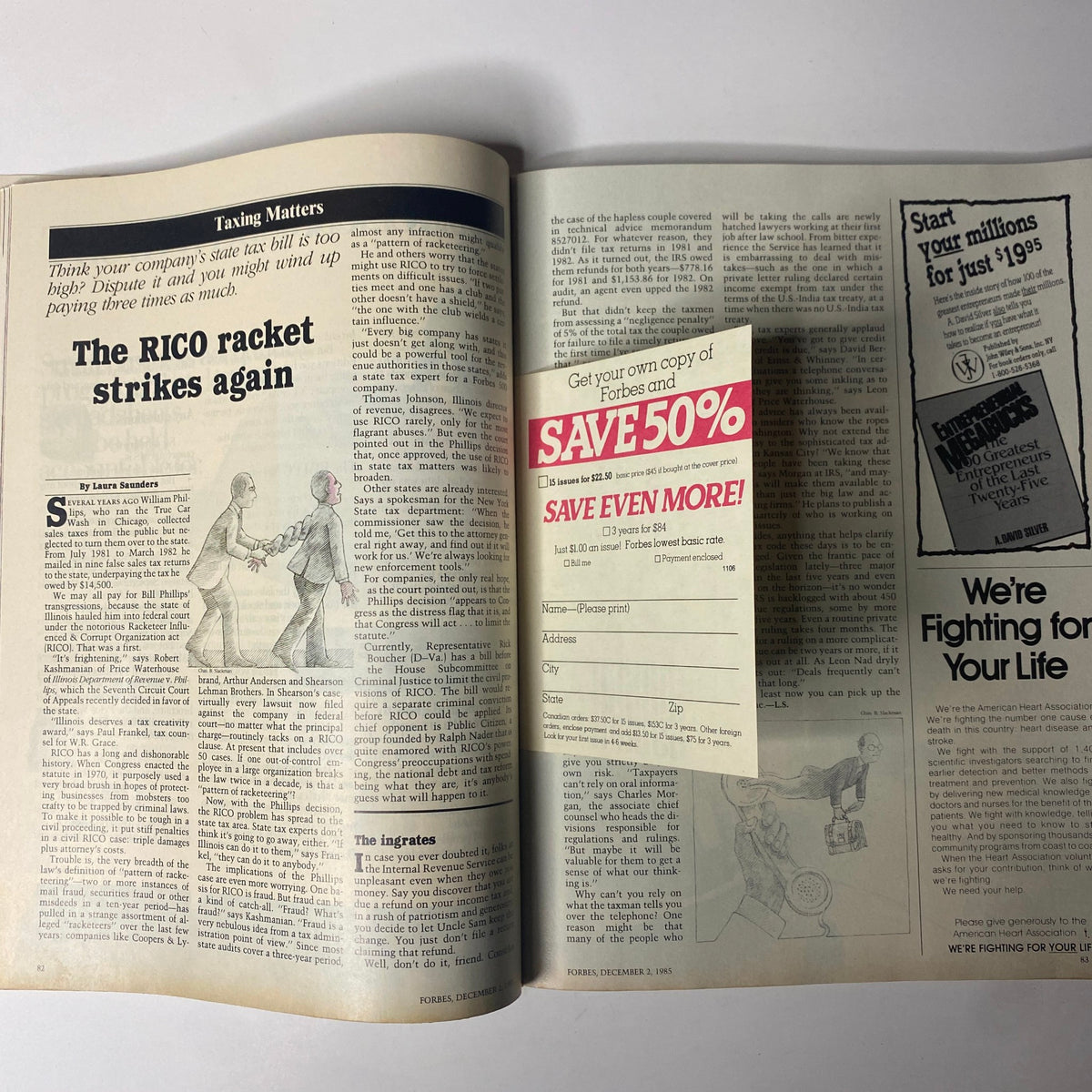 Article page from Forbes Magazine December 2, 1985, discussing 'The RICO racket strikes again' pertaining to financial taxation issues.