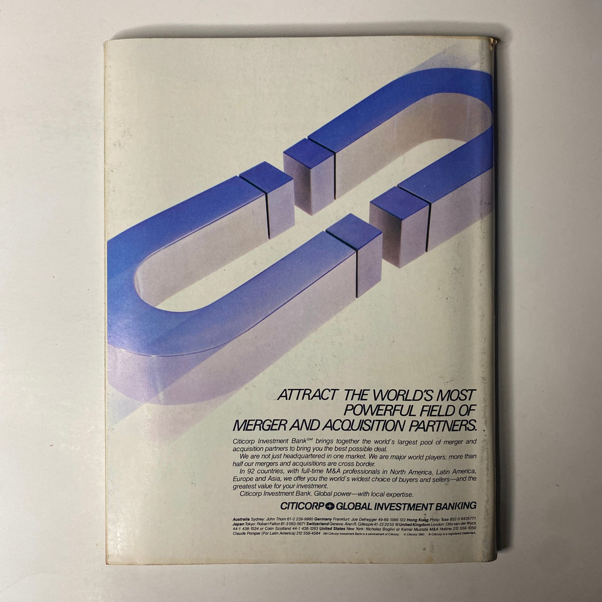Back cover of Forbes Magazine December 2, 1985, featuring an advertisement for Citicorp's global investment banking services.
