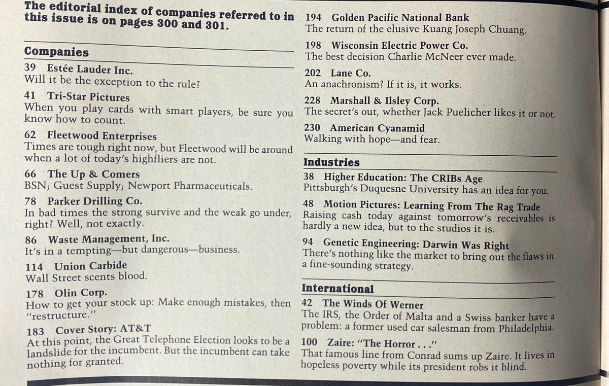 Index page from Forbes Magazine November 18, 1985, listing various companies and industries covered in the issue, including Estée Lauder and AT&T.