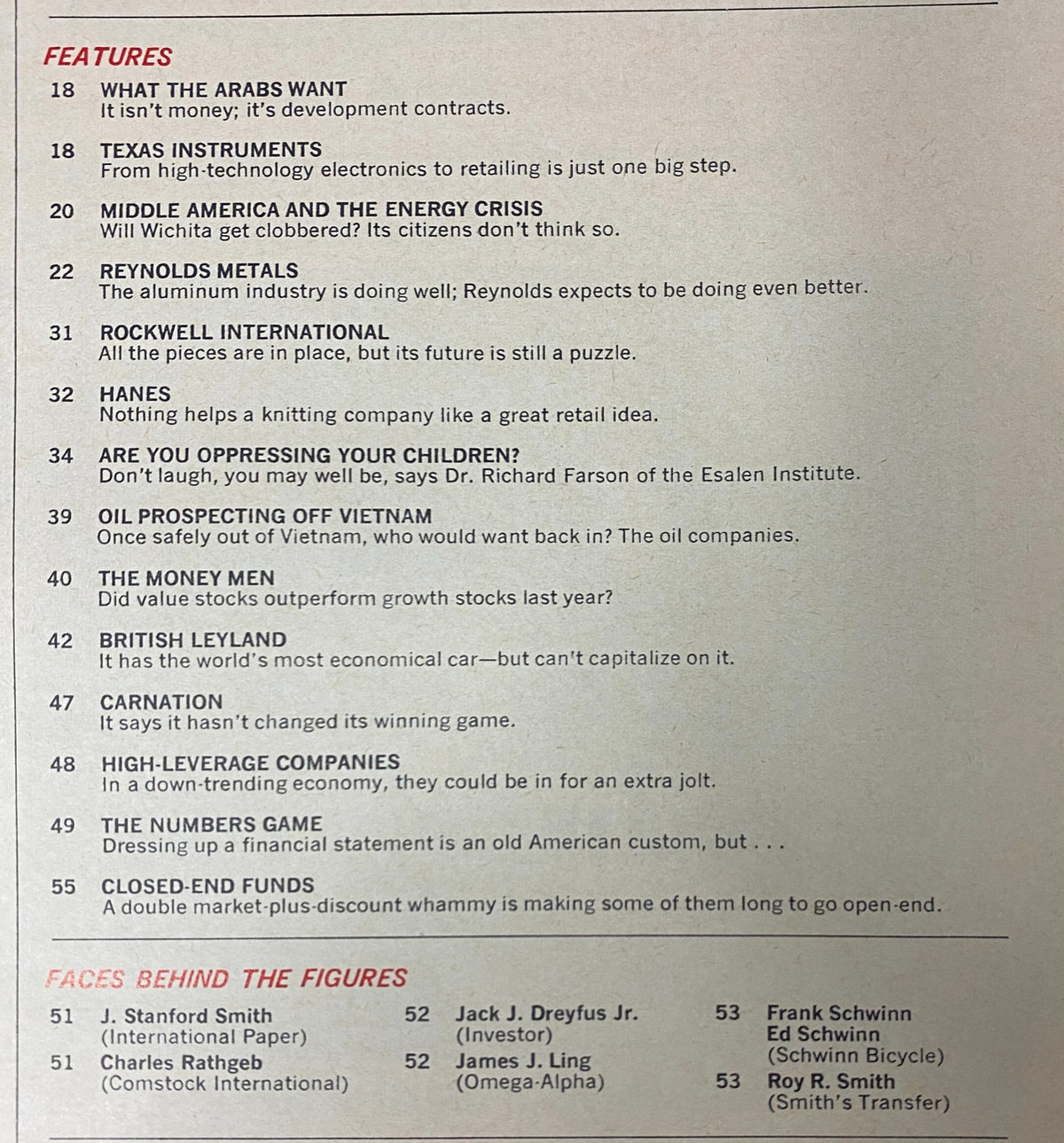 Contents page of Forbes Magazine, January 15, 1974, listing featured articles including 'Reynolds Metals' and others, reflecting the publication's insights on corporate strategy during the economic challenges of the 1970s.