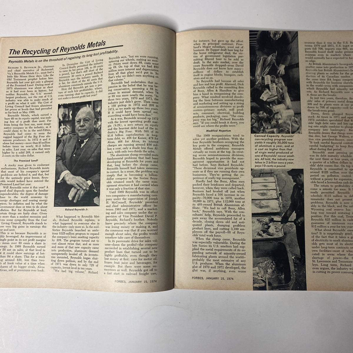 Interior pages of Forbes Magazine, January 15, 1974, showcasing the article 'The Recycling of Reynolds Metals' with a photograph of Richard Reynolds Jr., highlighting discussions on profitability and corporate strategies in the aluminum industry.