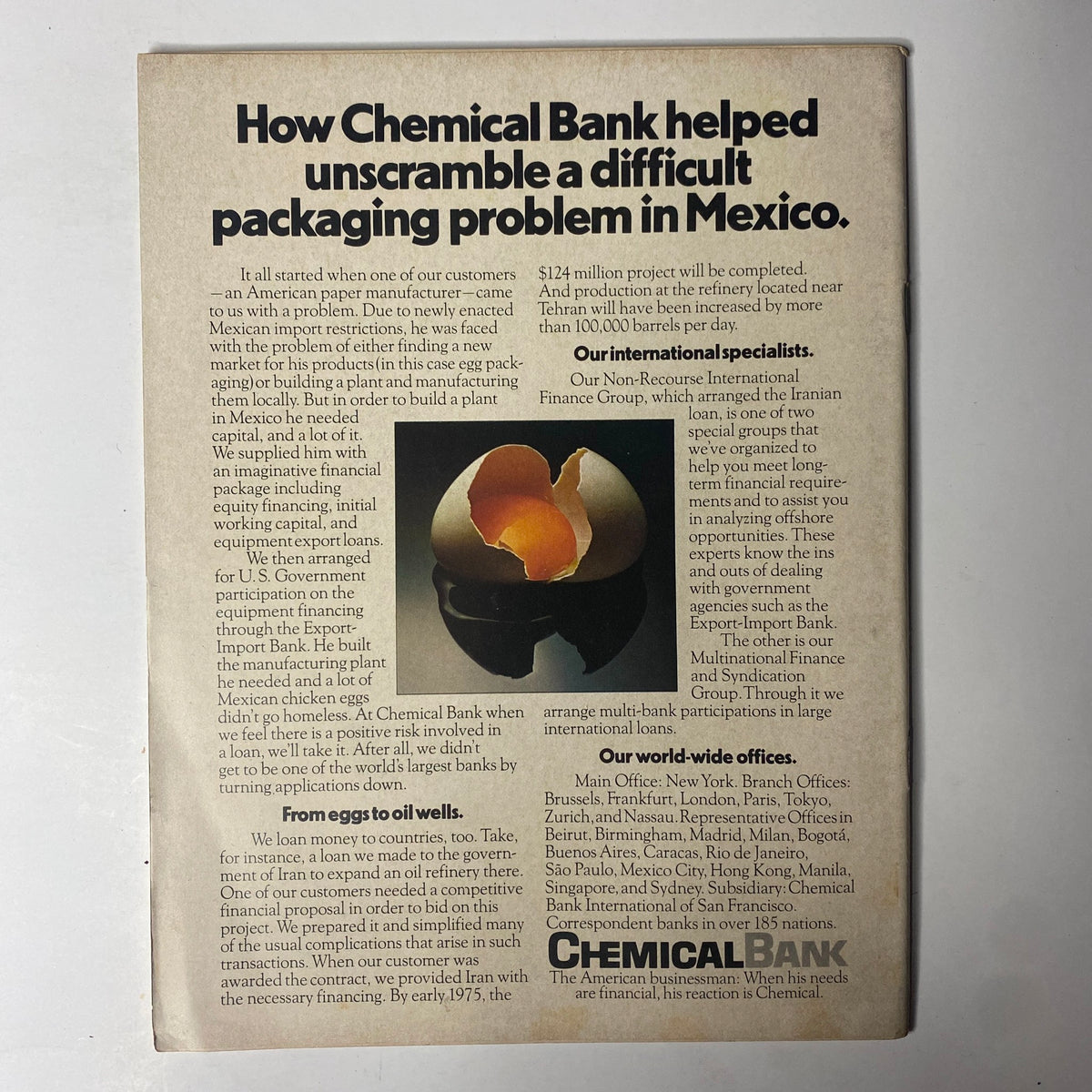Back cover of Forbes Magazine from January 15, 1974 titled 'How Chemical Bank helped unscramble a difficult packaging problem in Mexico', featuring an illustration of an eggshell, and detailing Chemical Bank's international finance services.