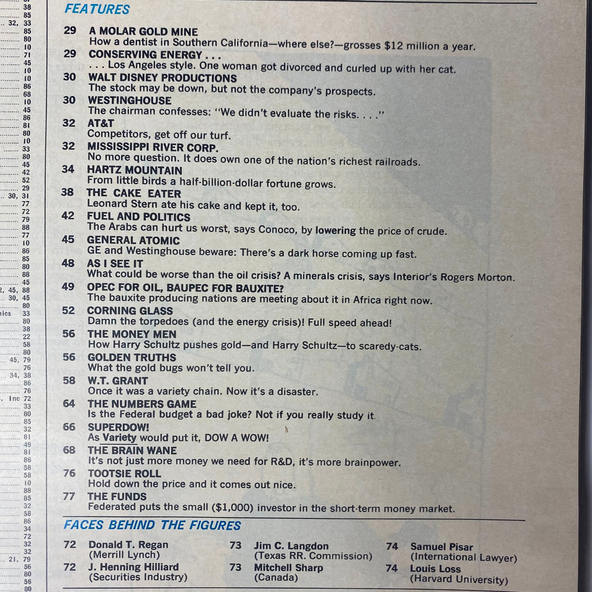 Table of contents page from Forbes Magazine, February 15, 1974, listing articles including 'Hartz Mountain' and features on various businesses.