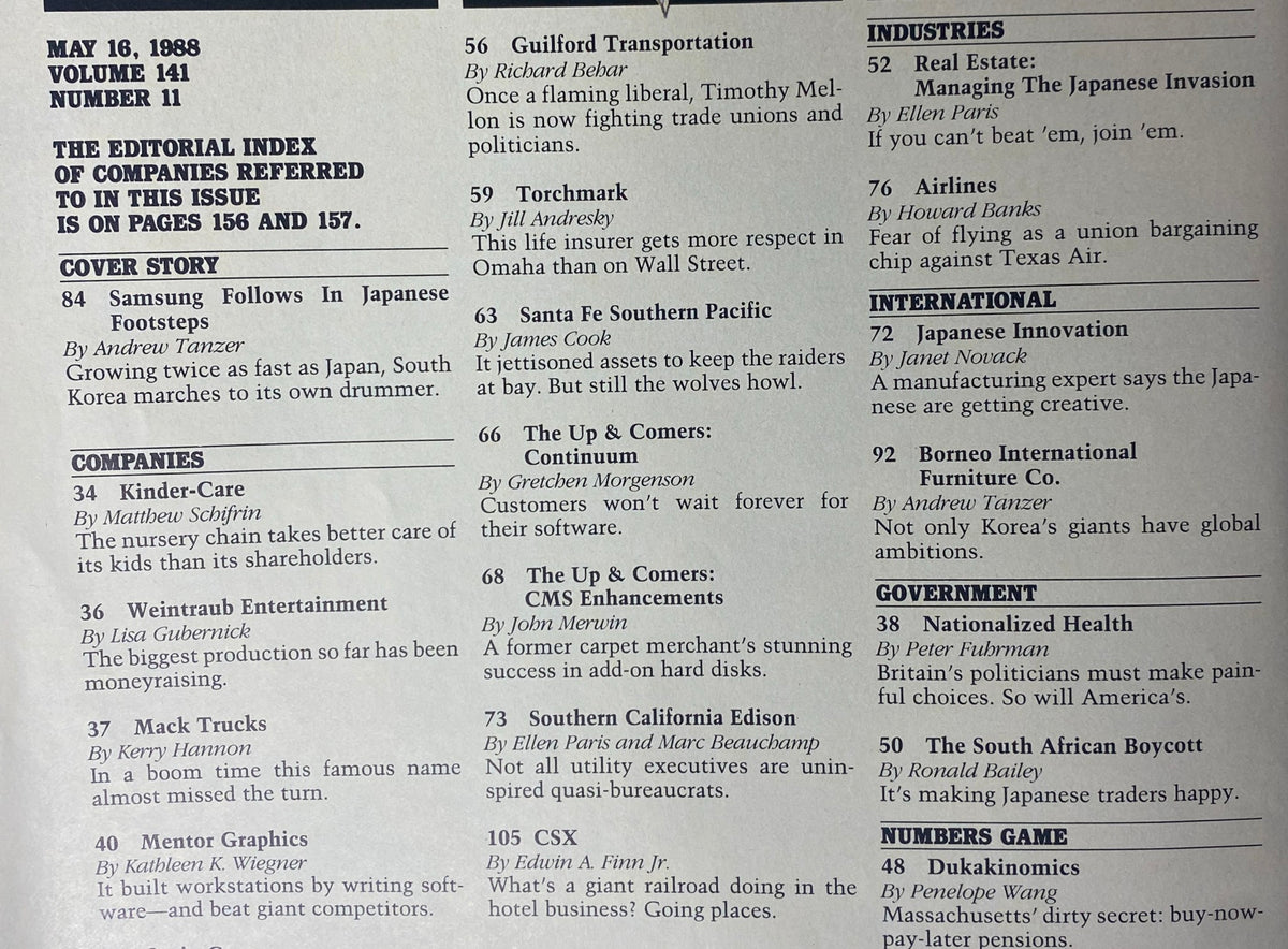Interior page from Forbes Magazine, May 16, 1988, showcasing the editorial index and cover story on Samsung, along with various business articles and features.