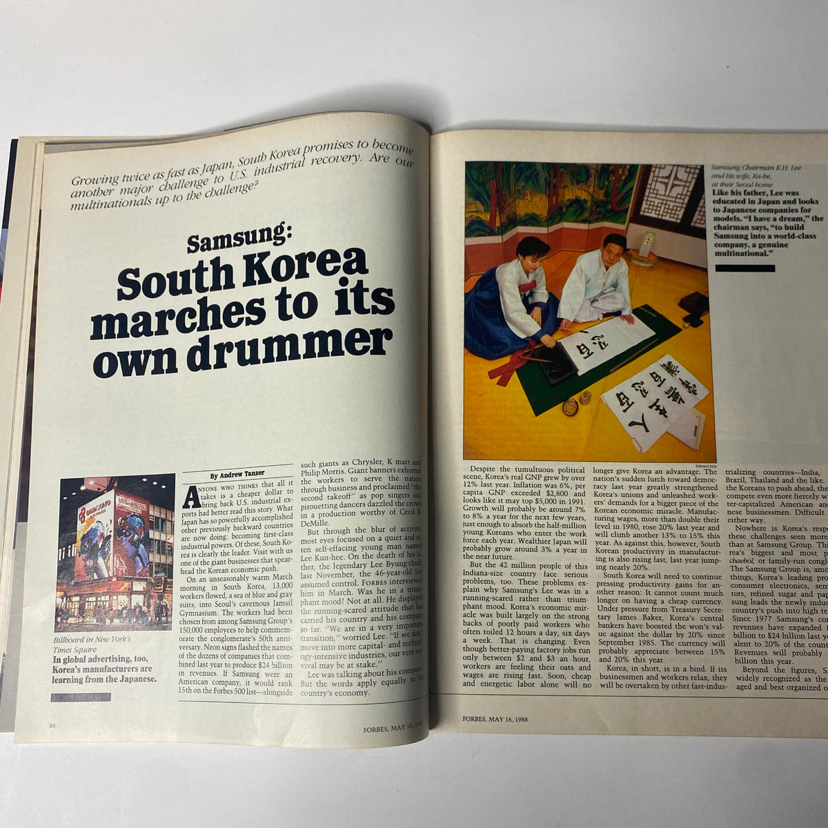 Inside of Forbes Magazine, May 16, 1988, highlighting the article titled 'Samsung: South Korea marches to its own drummer' with accompanying illustrations.