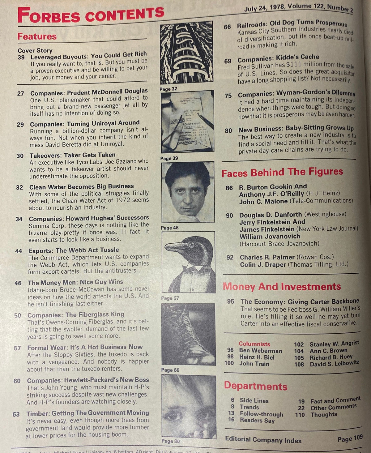 Table of contents page from Forbes Magazine, July 24, 1978, showcasing various articles including the cover story 'Leveraged Buyouts: You Could Get Rich', highlighting the financial themes of the era.