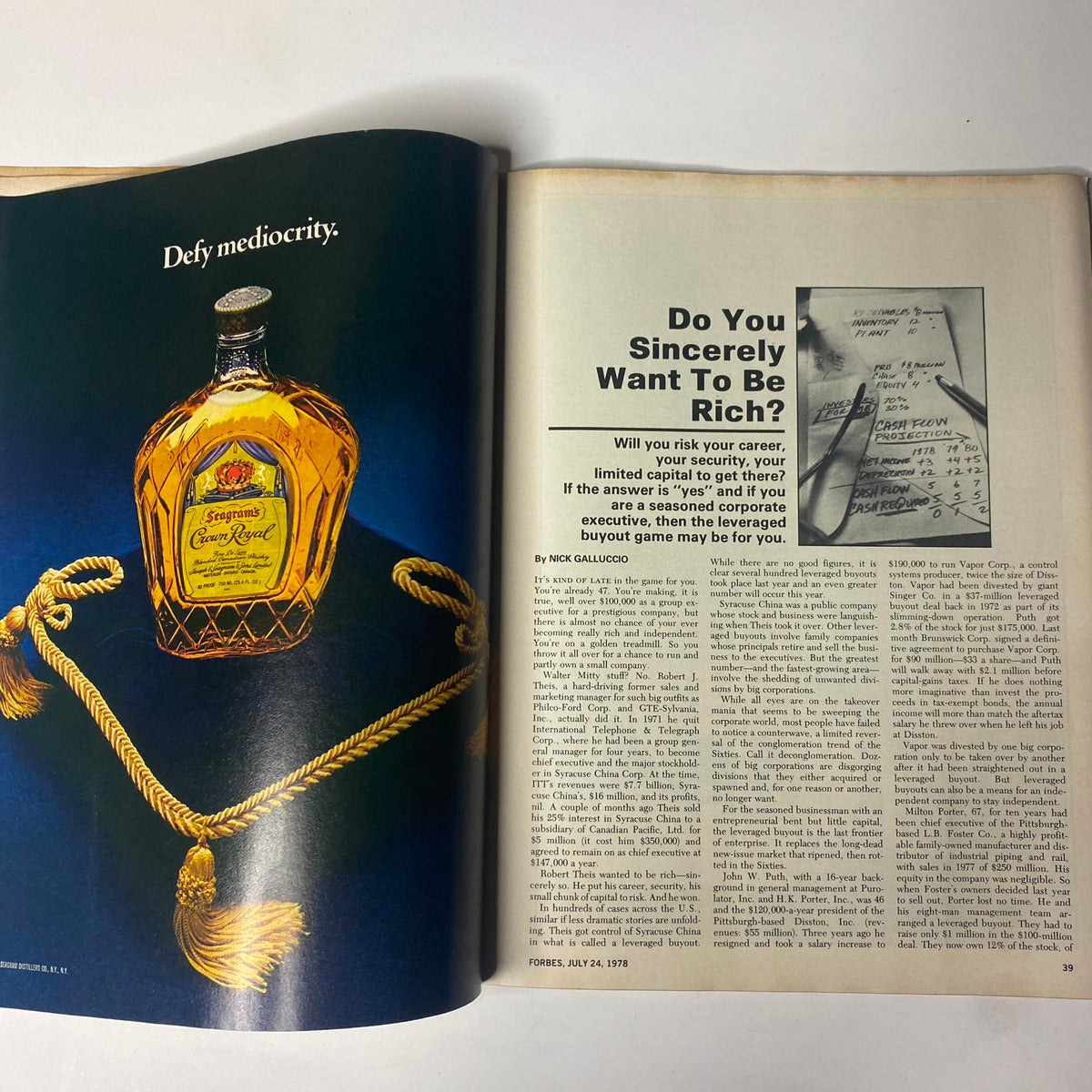 Inside page of Forbes Magazine, July 24, 1978 featuring an advertisement for Crown Royal and the beginning of an article titled 'Do You Sincerely Want To Be Rich?' related to leveraged buyouts.