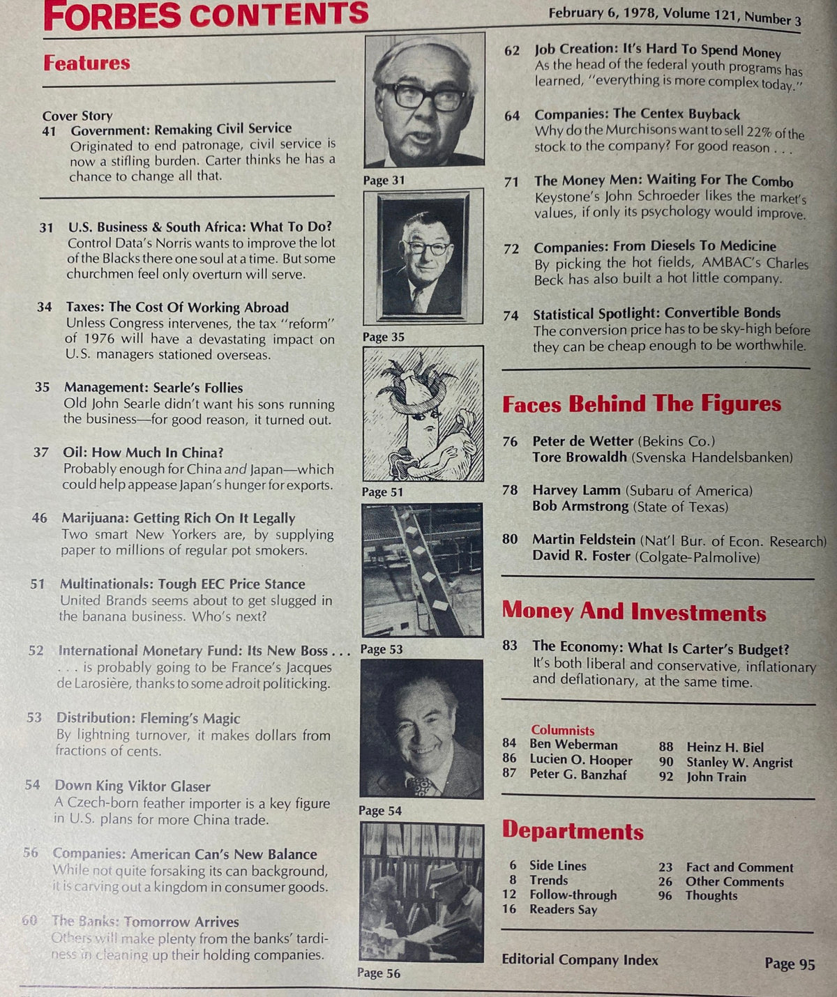 Forbes Magazine February 6, 1978 contents page featuring articles on civil service reform, U.S. business in South Africa, and economic tax impacts.