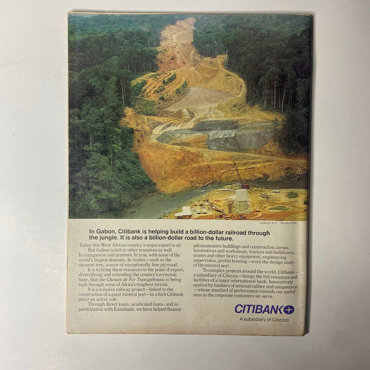 Forbes Magazine February 6, 1978 advertisement about Citibank's investment in building a railway in Gabon, showcasing economic development initiatives.