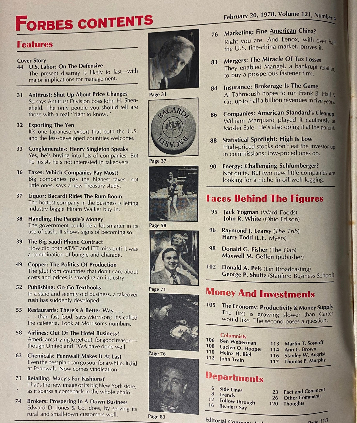 Contents page of Forbes Magazine February 20, 1978, listing featured articles and sections including 'U.S. Labor: On The Defensive' and various economic topics.