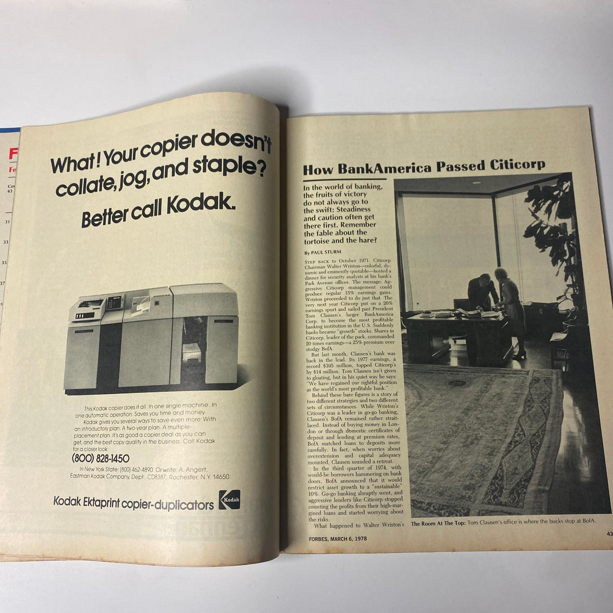 Interior page of Forbes Magazine, March 6, 1978, showcasing the article 'How BankAmerica Passed Citicorp,' highlighting key banking strategies during the late 1970s.