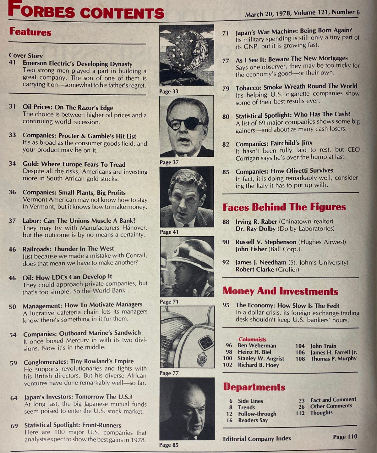 Contents page of Forbes Magazine from March 20, 1978, featuring articles on Emerson Electric and other business topics, providing an overview of the magazine's features.