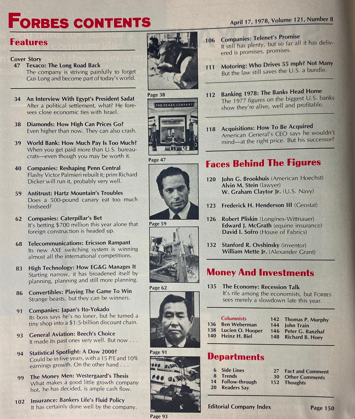 Contents page of Forbes Magazine from April 17, 1978, detailing featured articles including 'Texaco: The Long Road Back' and an interview with Egypt's President Sadat.