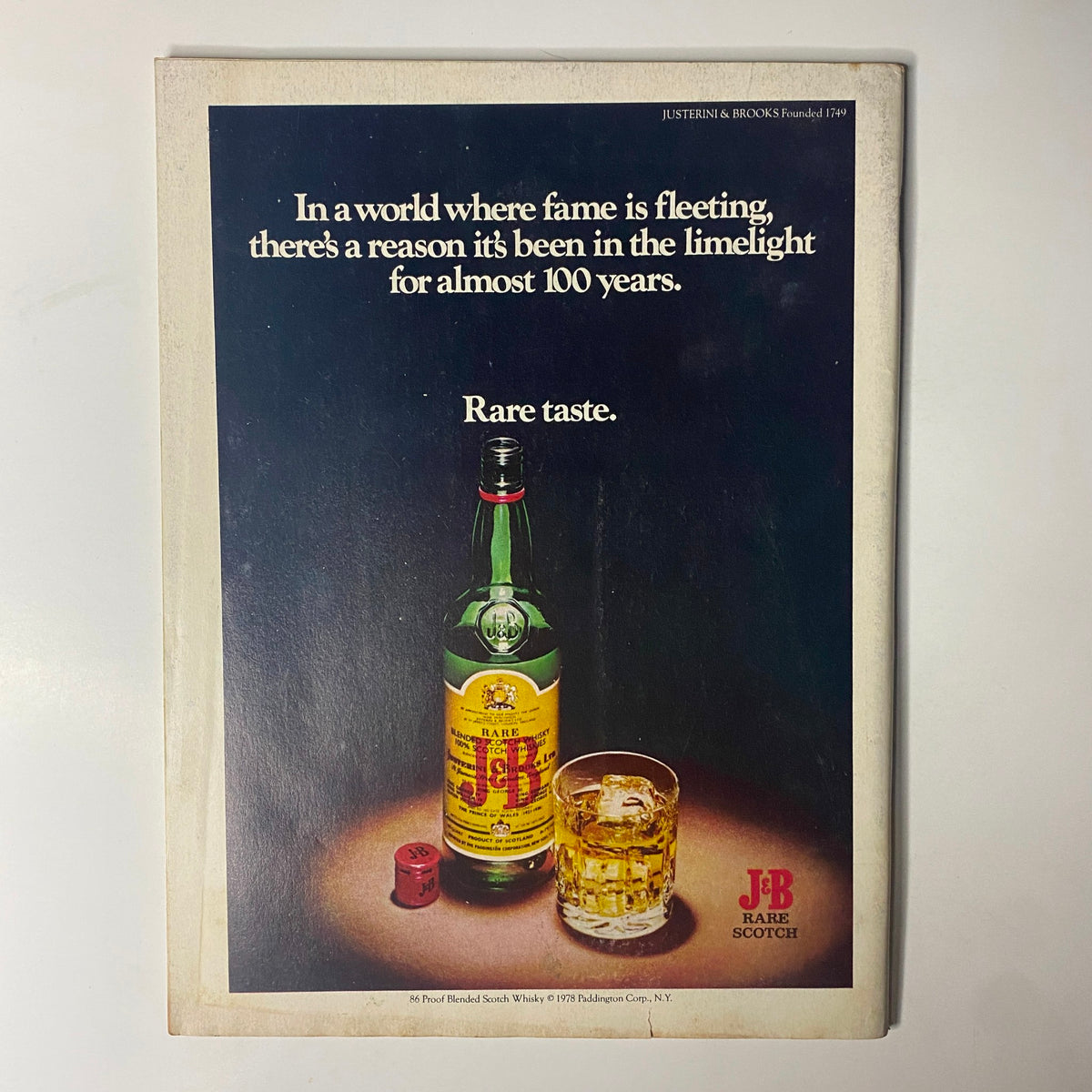 Back cover of Forbes Magazine from April 17, 1978, featuring an advertisement for J&B Rare Scotch with the tagline highlighting its longstanding fame.