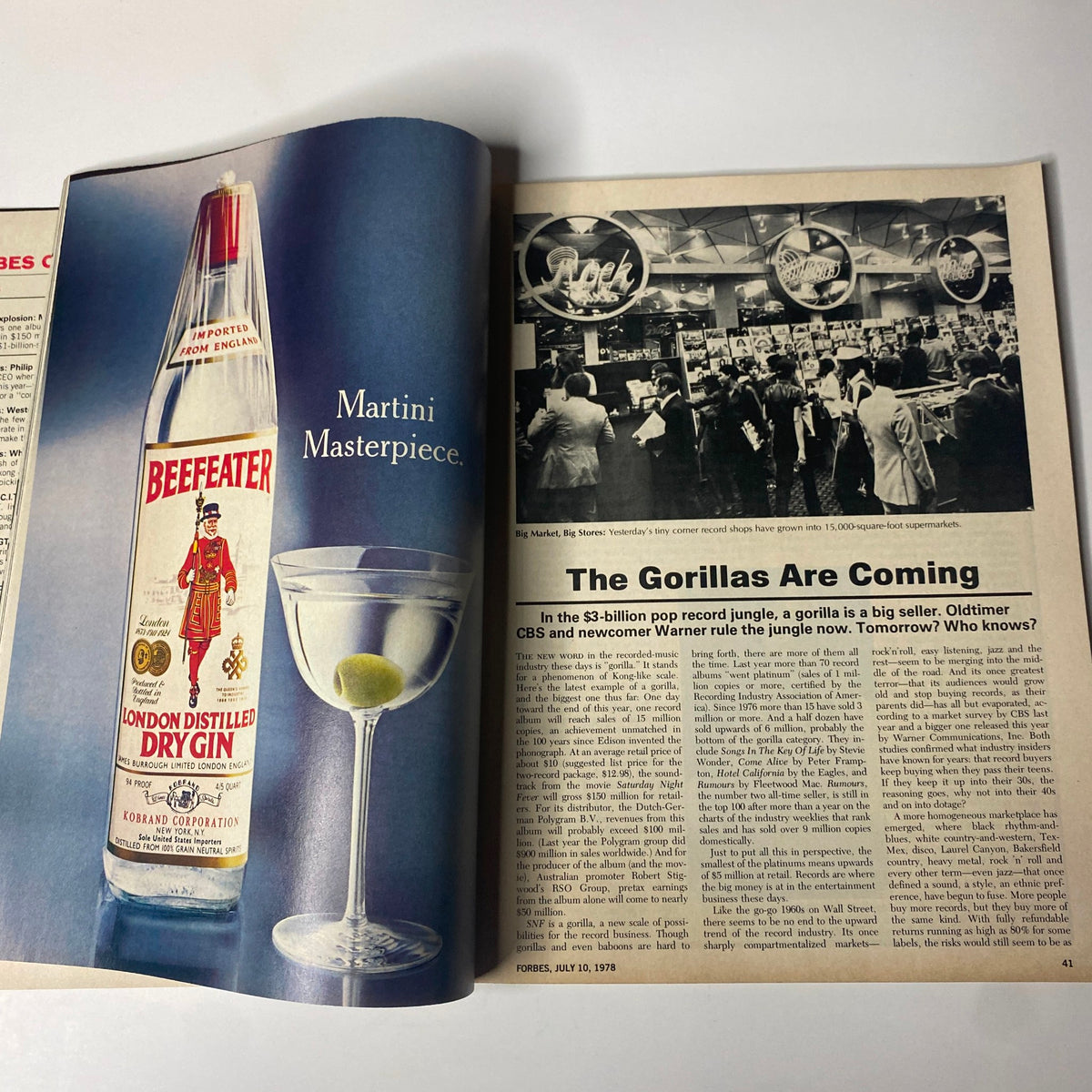 Forbes Magazine July 10, 1978 Record Explosion: Millionaires Galore featuring an advertisement for Beefeater Gin alongside an article about the evolving pop record industry.
