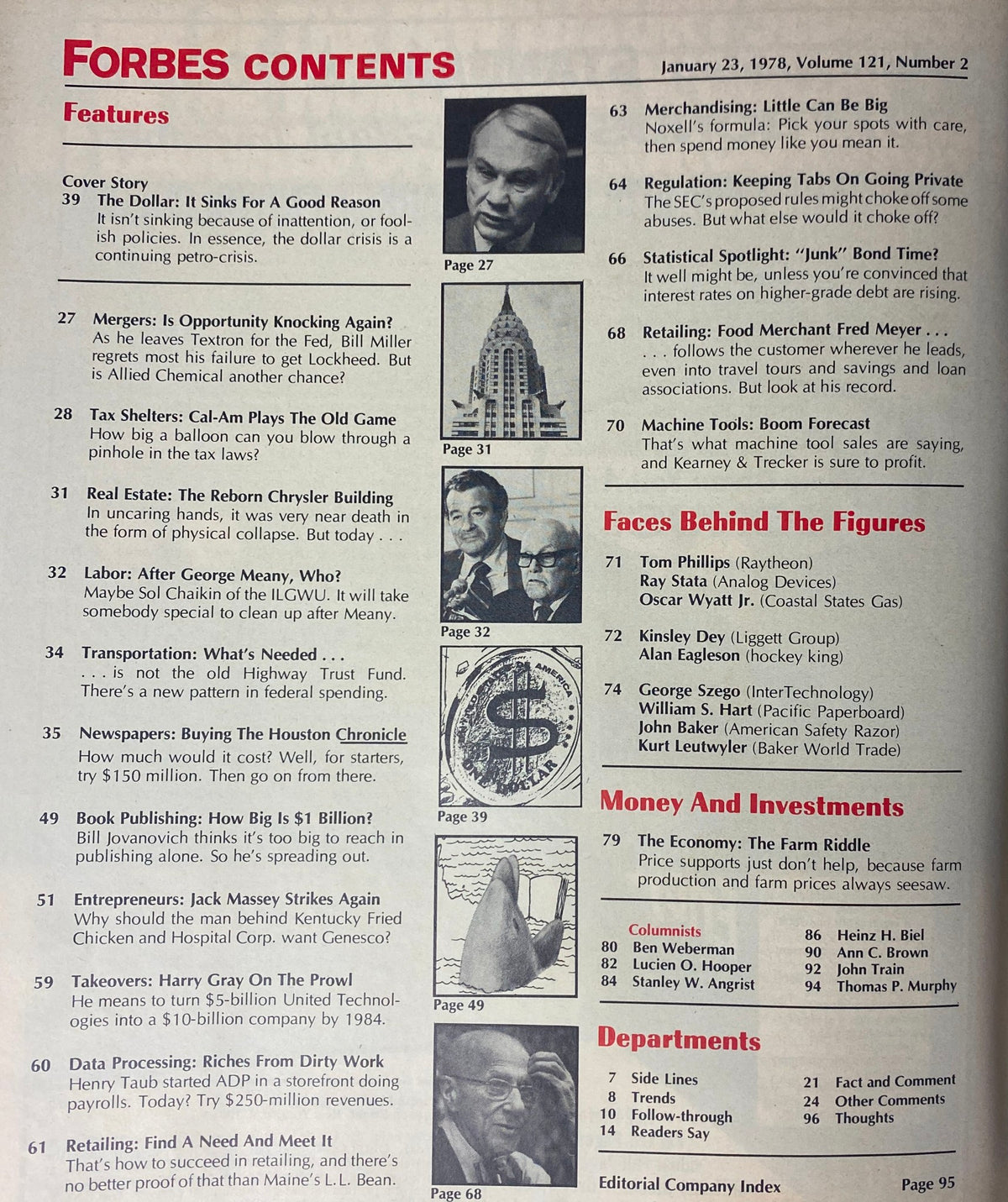 Contents page of Forbes Magazine, January 23, 1978, detailing articles including 'The Dollar: It Sinks For A Good Reason' and other key financial topics.