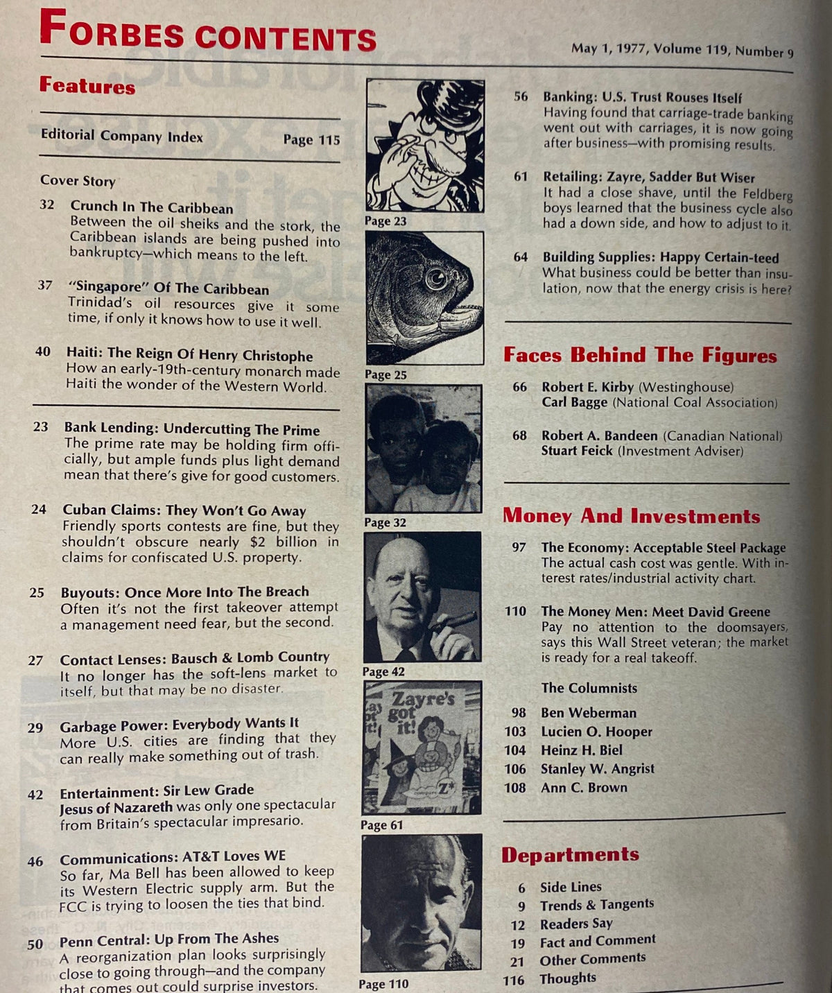 Table of contents from Forbes Magazine May 1, 1977, highlighting the features including 'Crunch In The Caribbean', and various articles related to economic challenges and trends affecting Caribbean nations.