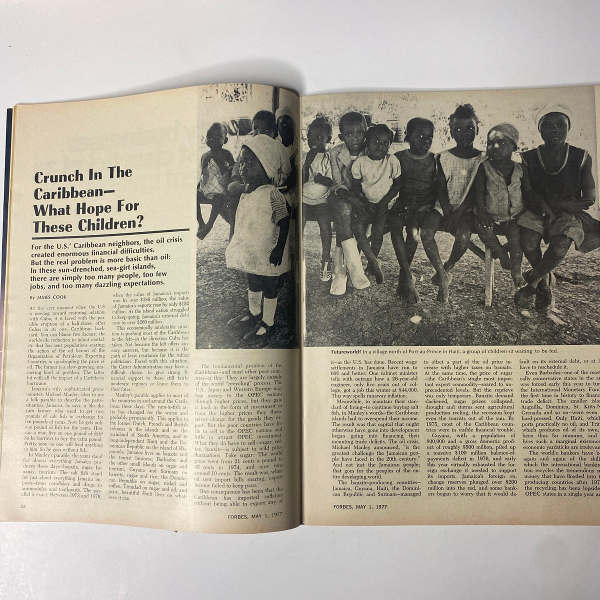 Inside pages of Forbes Magazine May 1, 1977 with the article 'Crunch In The Caribbean' focusing on the dire economic situations faced by children in Caribbean nations amidst the oil crisis.