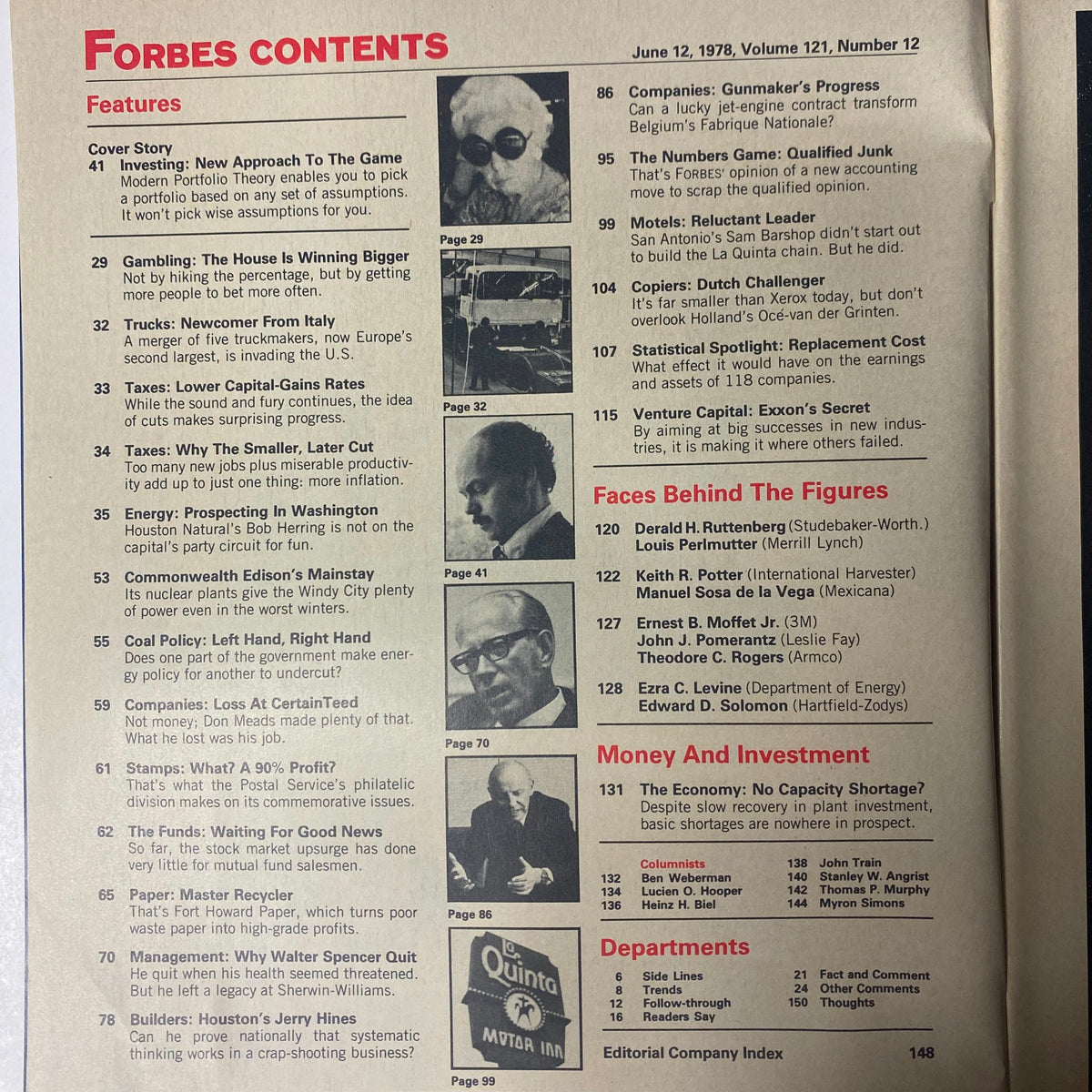 Contents page of Forbes Magazine dated June 12, 1978, outlining features including 'Investing: New Approach To The Game' and various articles related to finance and investment.
